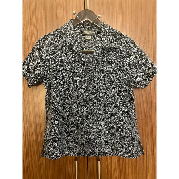 Notations Petite Medium Blouse Black White Short Sleeve Button Front Top - Picture 1 of 8
